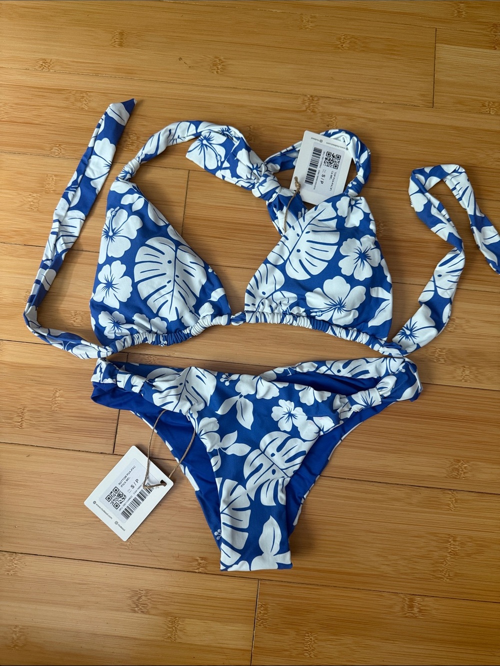 Blue & White Floral Tie-Back Triangle Bikini - Women Swim